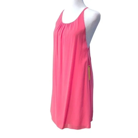 NWT Alice + Olivia Hot Neon Pink 100% Silk Trapeze Hem Layered Dress shift Small